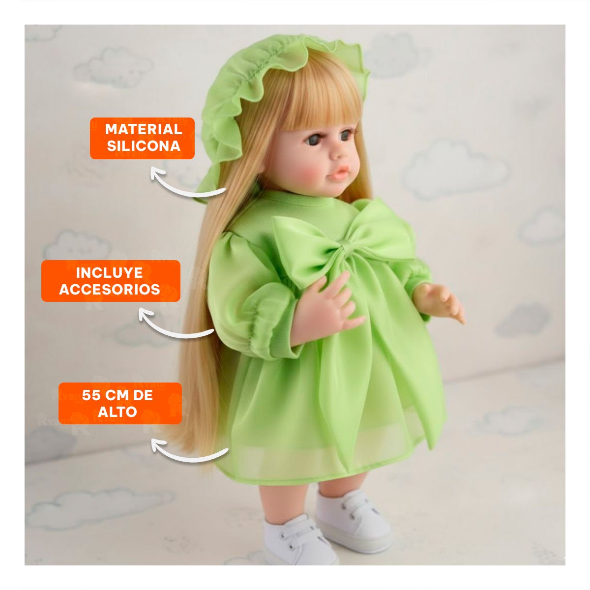 MODELO INTELIGENTE DE JUEGO INFANTIL VESTIDO LAZO Y GORRO DE TULL VERDE 55CM Y+REGALO STICKER - 5