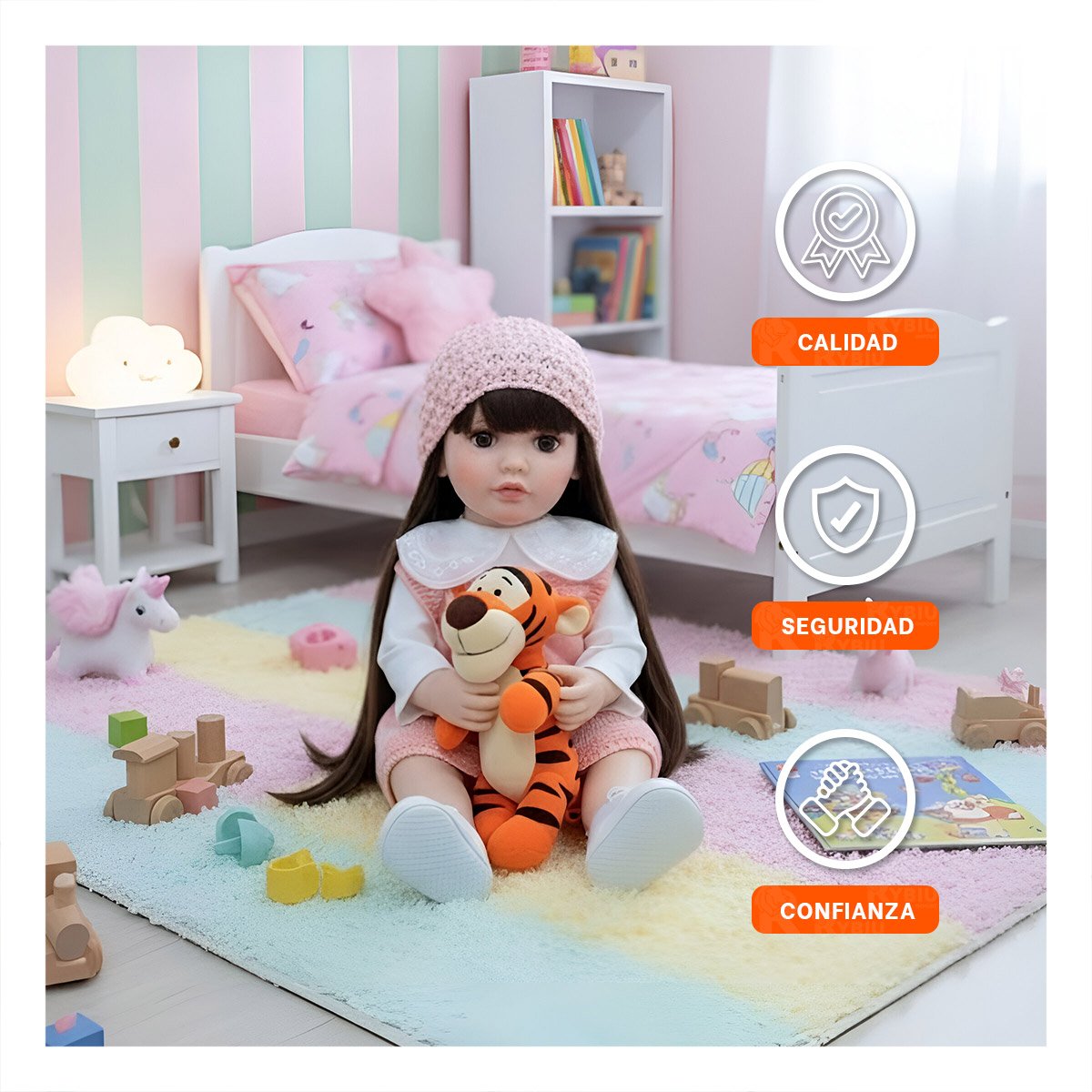 BEBE REAL INTELIGENTE PARA ACOMPAÑAMIENTO DE JUEGO CON OVEROL ROSADO 55CM Y+LIGAS REGALO - 2