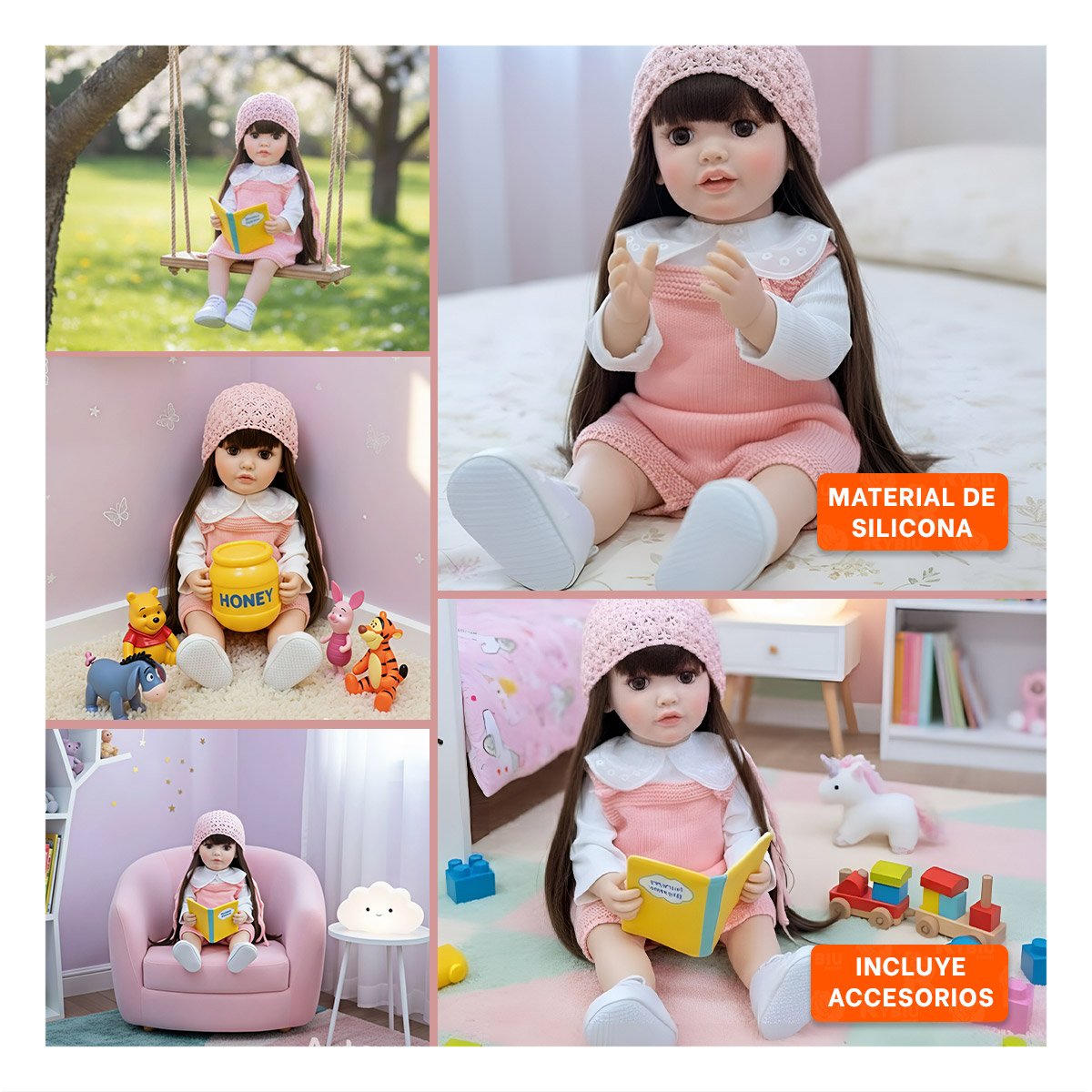 BEBE REAL INTELIGENTE PARA ACOMPAÑAMIENTO DE JUEGO CON OVEROL ROSADO 55CM Y+LIGAS REGALO - 5