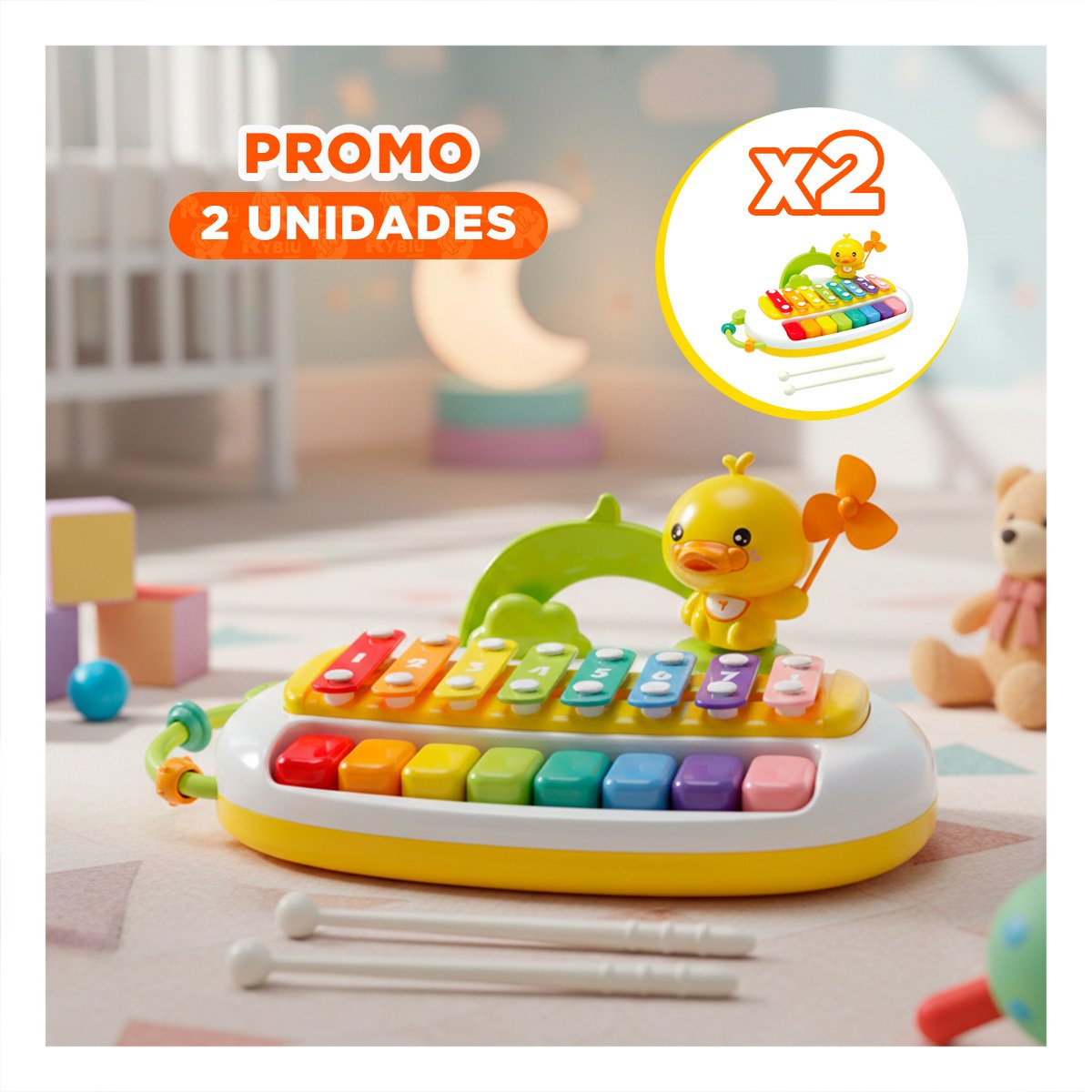 PACK2 EXPERIENCIA MUSICAL TIPO XILOFONO CON PATO PARA JUEGO DIARIO Y+REGALO STICKER - 1