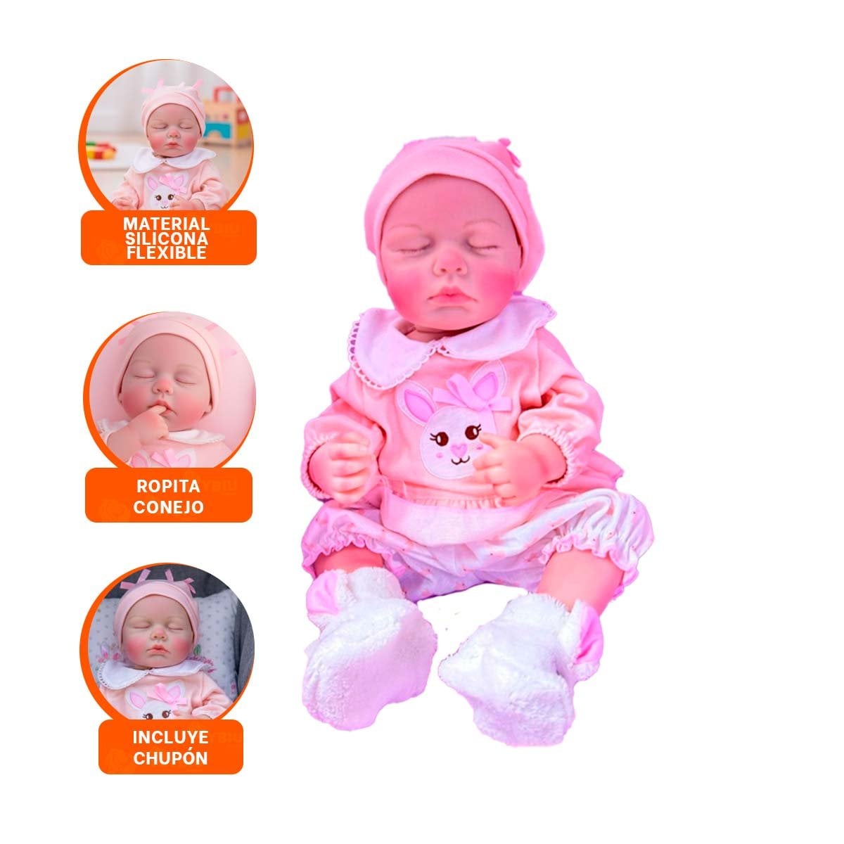 JUGUETE REALISTA CON ROPITA DE CONEJO ROSADO PARA JUEGO 50CM - 3