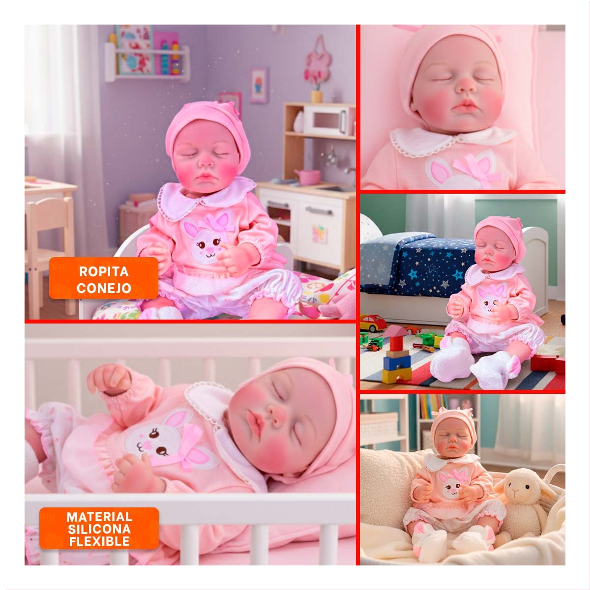 JUGUETE REALISTA CON ROPITA DE CONEJO ROSADO PARA JUEGO 50CM - 5
