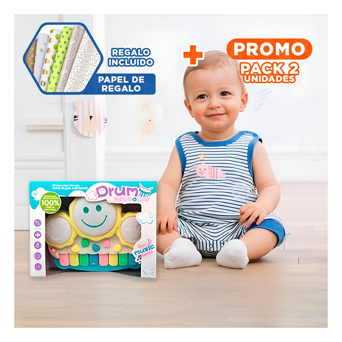 PACK2 INSTRUMENTO COLORIDO MUSICAL DE SOL CON TECLAS AMARILLAS PARA HOGAR Y+PAPEL REGALO - 1