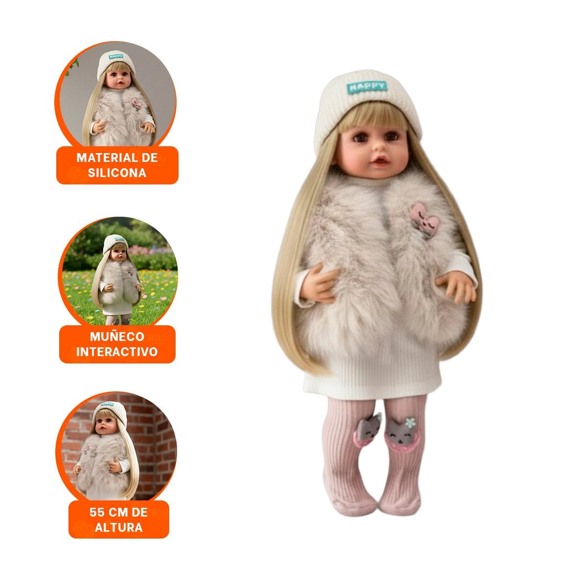 AMIGA YESSY CON CHALECO DE PELUCHE VESTIDOS PANTIS Y GORRO BLANCO 55CM - 3