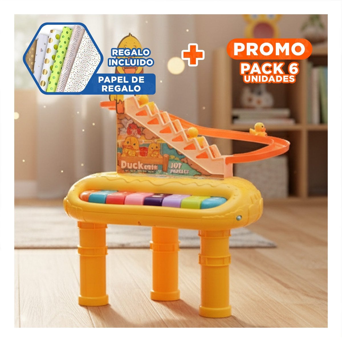 PACK6 CENTRO EDUCATIVO PATO 2 EN 1 CON TOBOGAN DE PATITOS PARA BEBES AMARILLO Y+PAPEL REGALO - 1