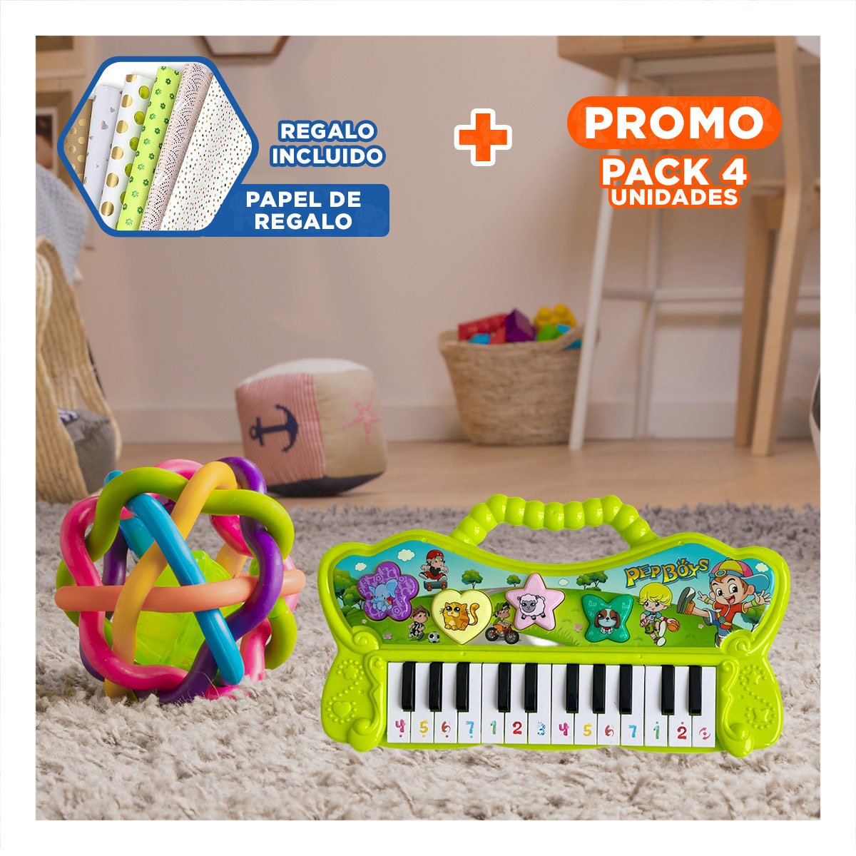 PACK4 TECLADO VERDE MUSICAL CON PIANO Y SONIDOS PARA CREATIVIDAD Y+PAPEL REGALO - 1