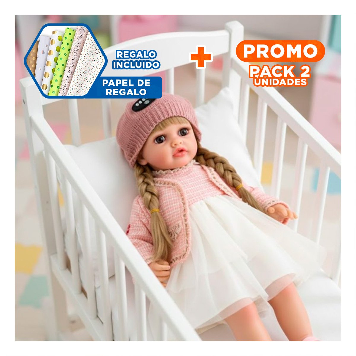 PACK2 PERSONAJE INFANTIL YESSY ROSADO 55CM CON ROPA SUAVE Y DETALLES TEXTILES Y+PAPEL REGALO - 1