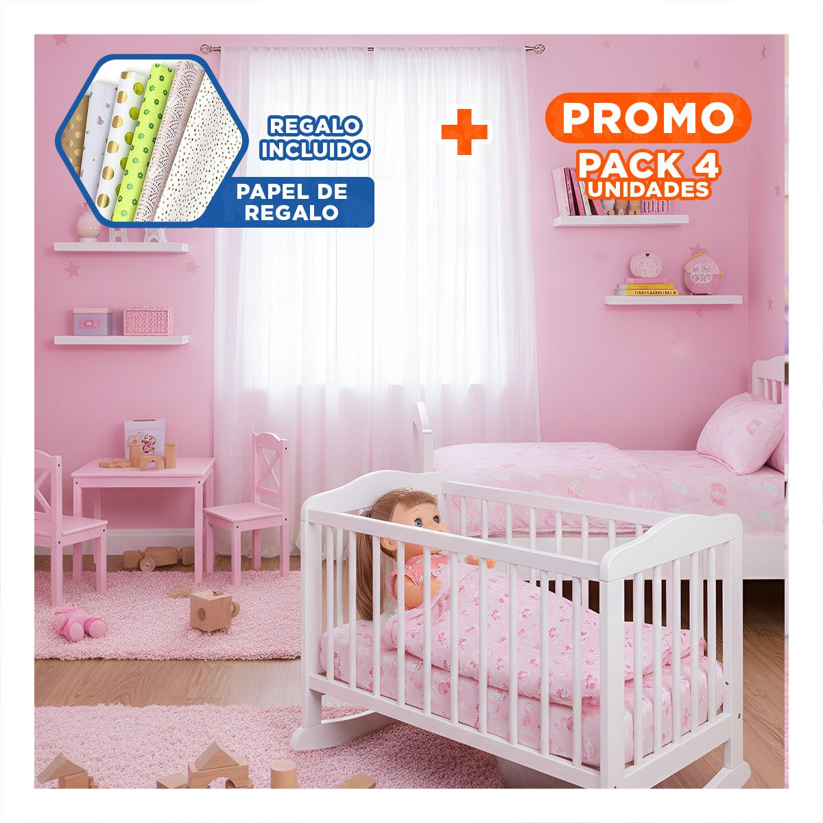 PACK4 PRESENTE ROSADO CON VESTIDO MARIPOSAS BIBERON Y SONAJA DECORACION HOGAR Y+PAPEL REGALO - 1