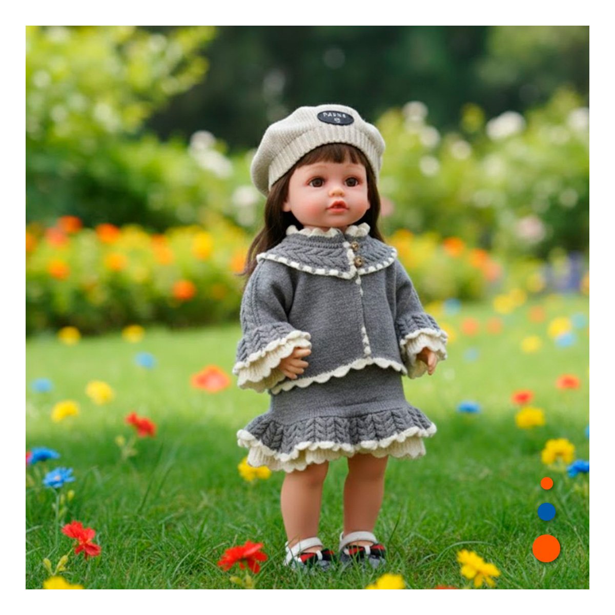 PACK2 MUÑECA YESSY CON VESTIDO VOLANTES TEJIDO PLOMO 55CM ESTILO ABRIGADO Y+REGALO STICKER - 3