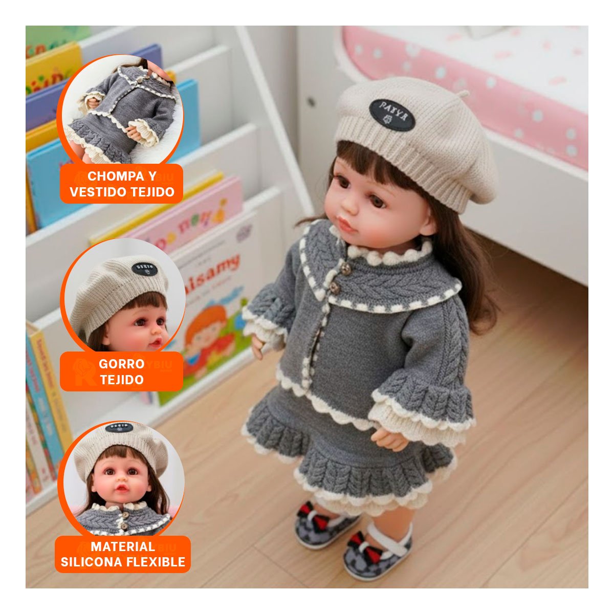 PACK2 MUÑECA YESSY CON VESTIDO VOLANTES TEJIDO PLOMO 55CM ESTILO ABRIGADO Y+REGALO STICKER - 5