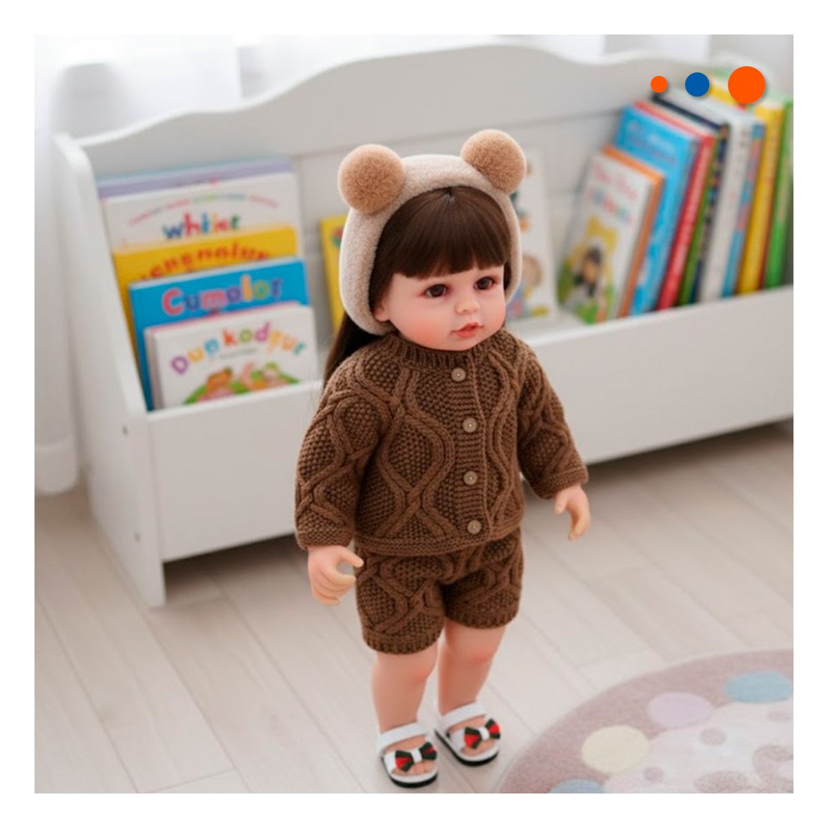 FIGURA YESSY MUNECA CON CHOMPA Y SHORT TEJIDO MARRON CON VINCHA OREJAS 55CM - 2