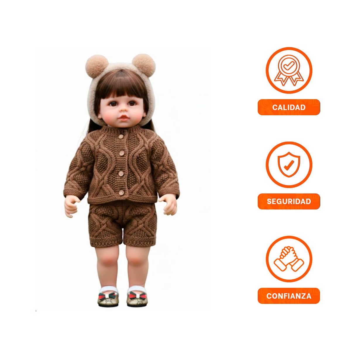 FIGURA YESSY MUNECA CON CHOMPA Y SHORT TEJIDO MARRON CON VINCHA OREJAS 55CM - 3