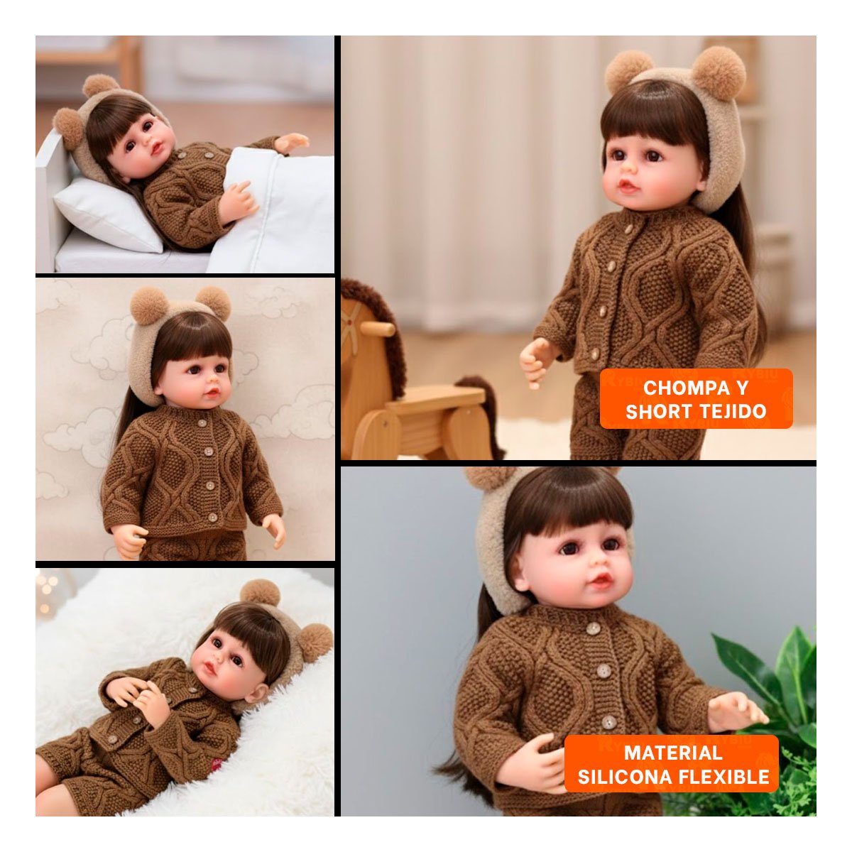 FIGURA YESSY MUNECA CON CHOMPA Y SHORT TEJIDO MARRON CON VINCHA OREJAS 55CM - 5
