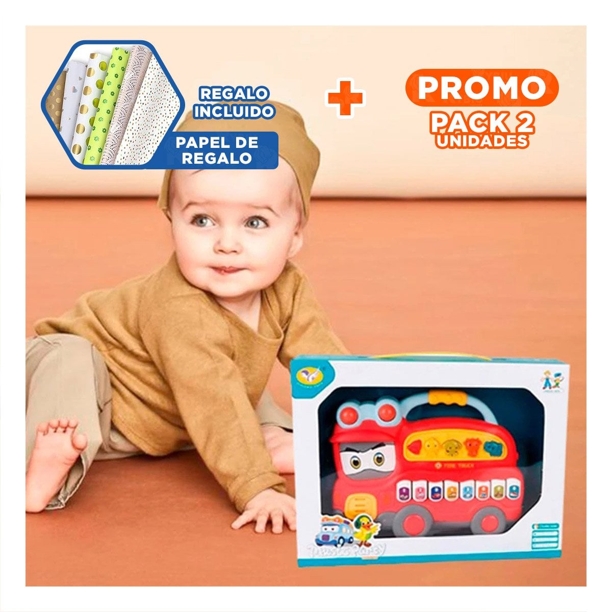 PACK2 PLATAFORMA SONORA CAMION DE BOMBEROS CON LUCES Y SONIDOS PARA HOGAR ROJO Y+PAPEL REGALO - 1