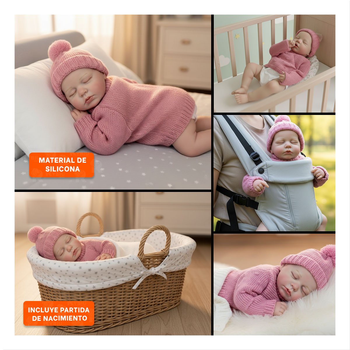 FIGURA SUAVE DE BEBE REAL CON CHOMPA TEJIDA Y GORRO ROSADO HOGAR Y+POST IT - 5