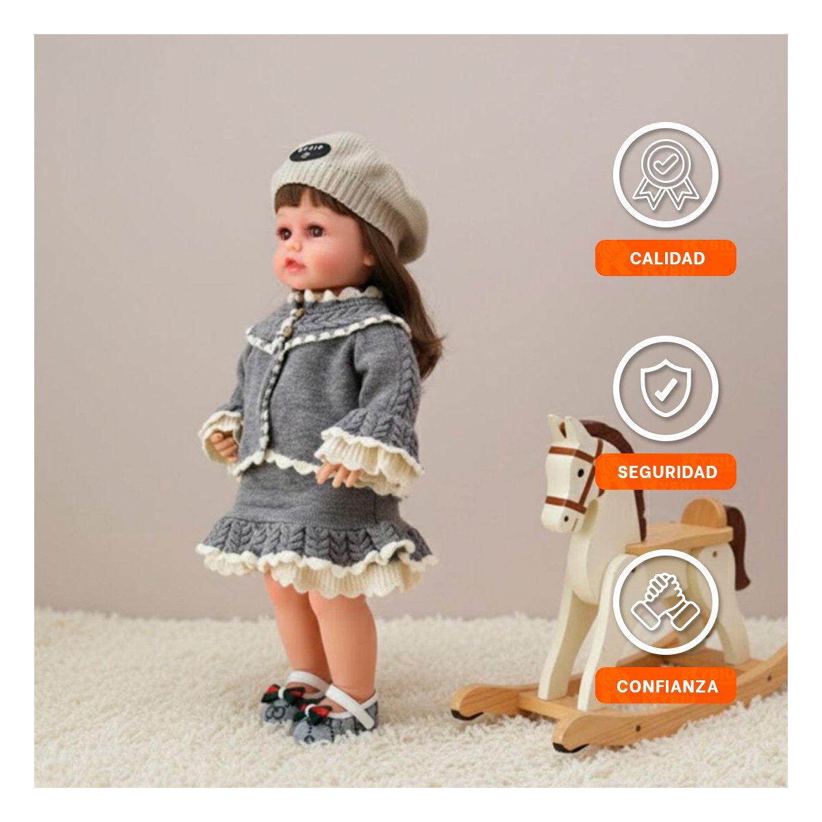 FIGURA YESSY ROPA TEJIDA PLOMO 55CM CON VESTIDOS VOLANTES CHOMPA Y GORRO Y+PAPEL REGALO - 5
