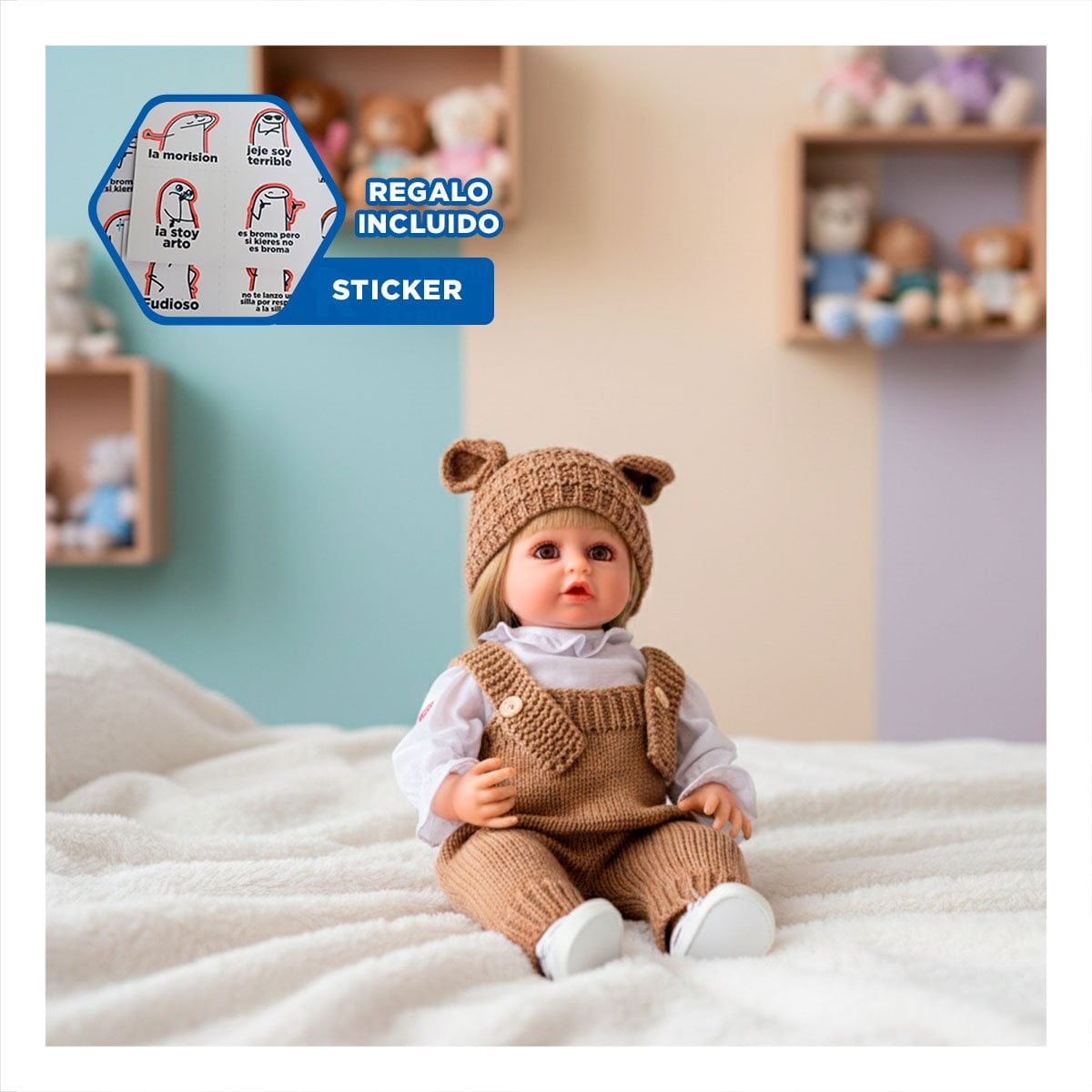 BEBE YESSY 55CM CON ROPA TEJIDA MARRON Y GORRO OREJITAS PARA MOMENTOS DE JUEGO Y+REGALO STICKER - 1