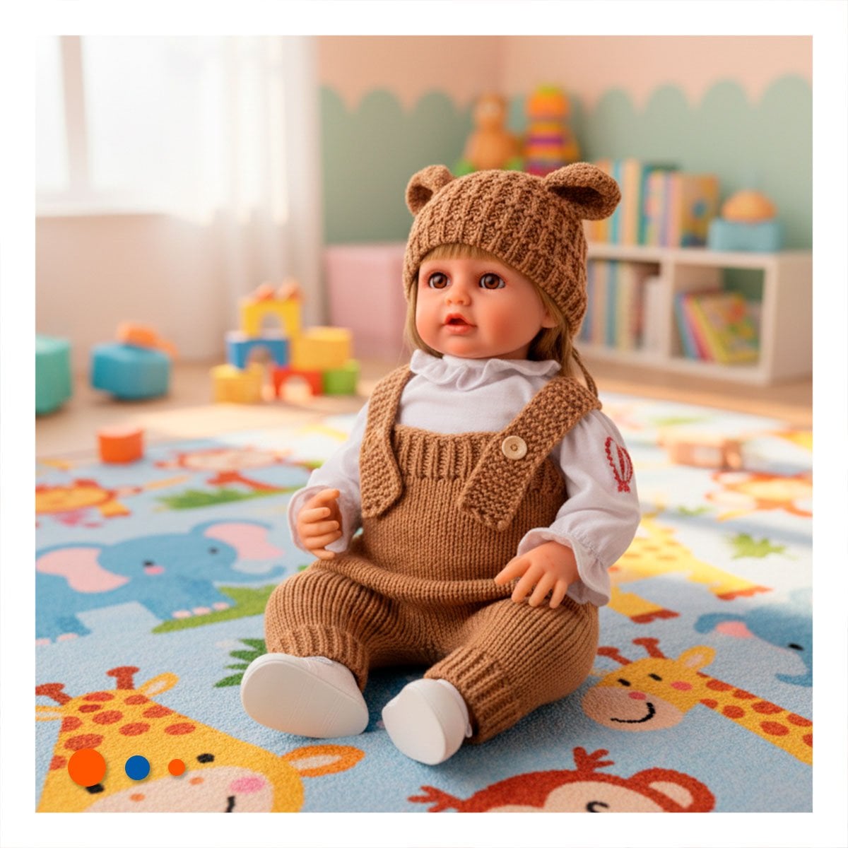 BEBE YESSY 55CM CON ROPA TEJIDA MARRON Y GORRO OREJITAS PARA MOMENTOS DE JUEGO Y+REGALO STICKER - 2