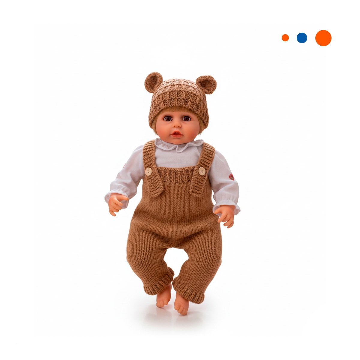 BEBE YESSY 55CM CON ROPA TEJIDA MARRON Y GORRO OREJITAS PARA MOMENTOS DE JUEGO Y+REGALO STICKER - 3