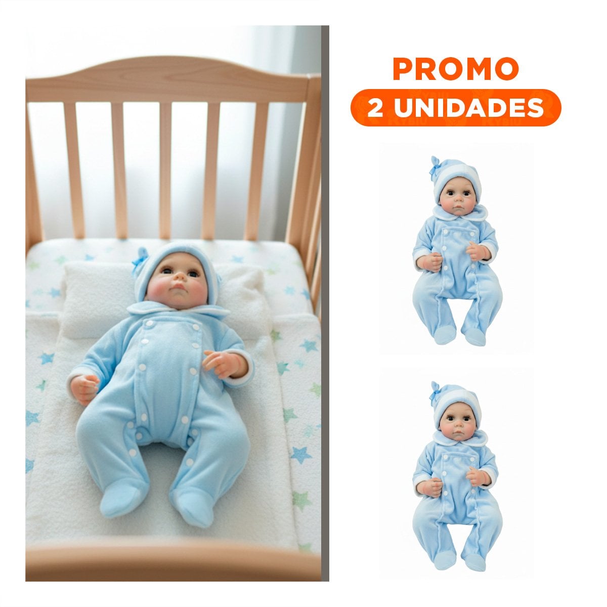 PACK2 FIGURA SUAVE DE BEBE REALISTA CON ROPA Y GORRO CELESTE PARA ACOMPANAMIENTO - 1