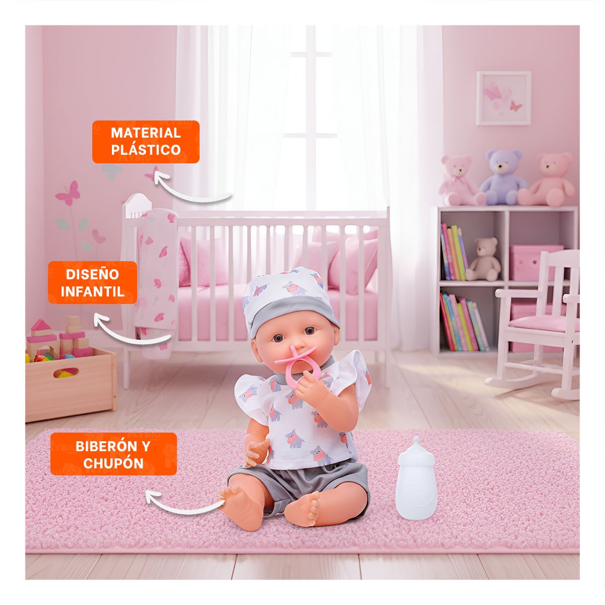 COMPANERO DECORATIVO HIPOPOTAMO CON ROPITA Y ACCESORIOS PARA BEBES Y+POST IT - 2
