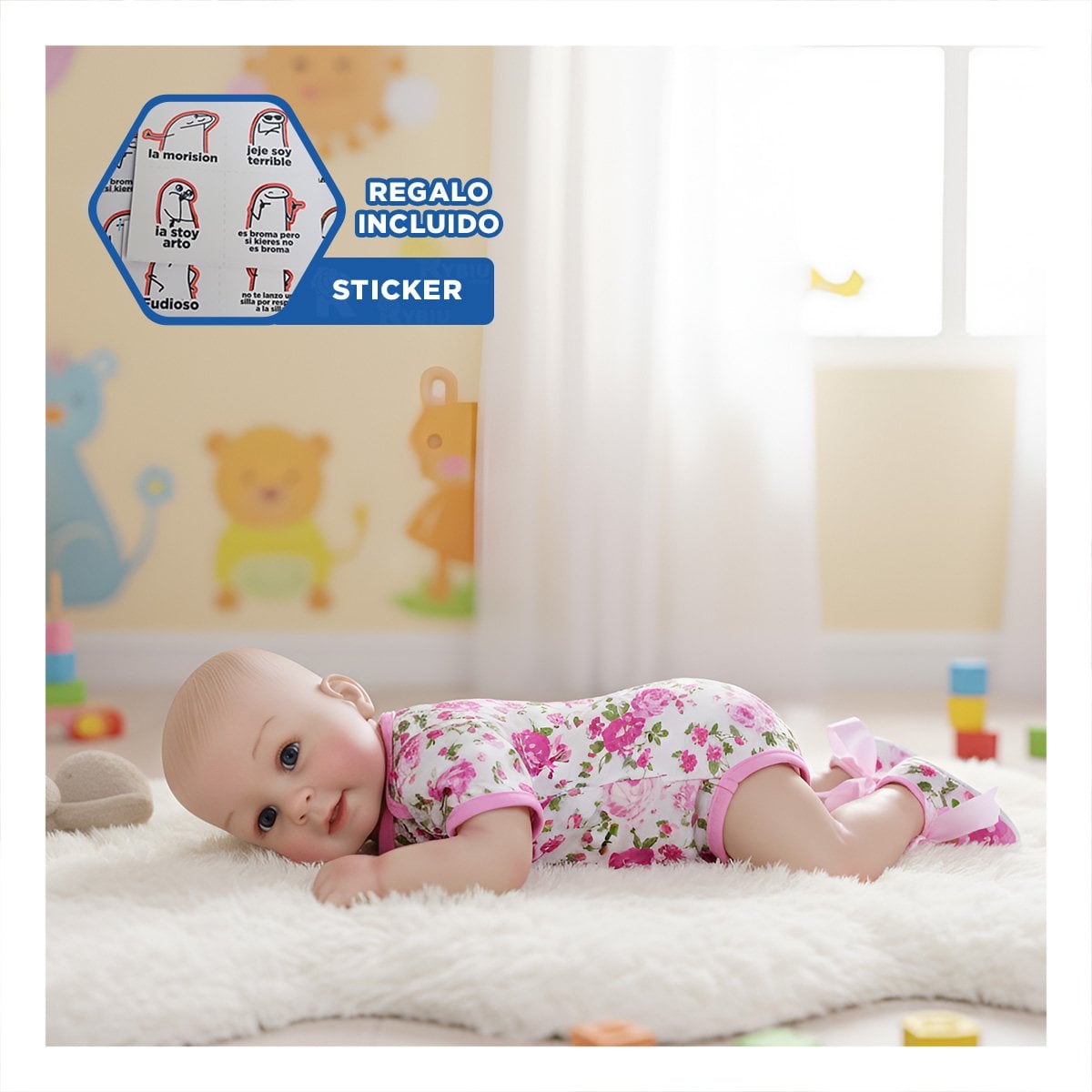 COMPANERA INFANTIL REALISTA CON VESTIDO ROSADO VUELOS Y VINCHA PUNTITOS Y+REGALO STICKER - 1