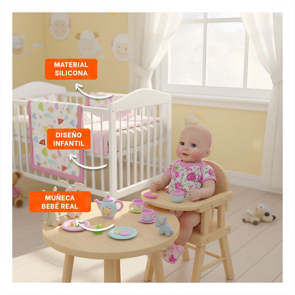 COMPANERA INFANTIL REALISTA CON VESTIDO ROSADO VUELOS Y VINCHA PUNTITOS Y+REGALO STICKER - 5