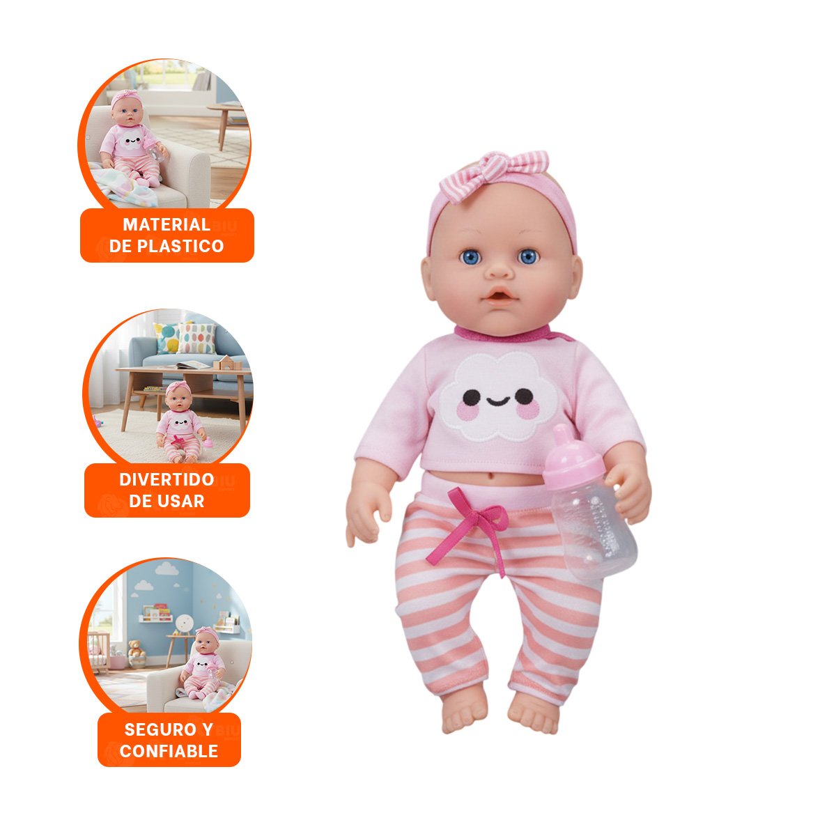 PELUCHA TACTIL ROSADA CON CHOMPA NUBE Y PANTALON RAYAS PARA BEBE CASA - 3