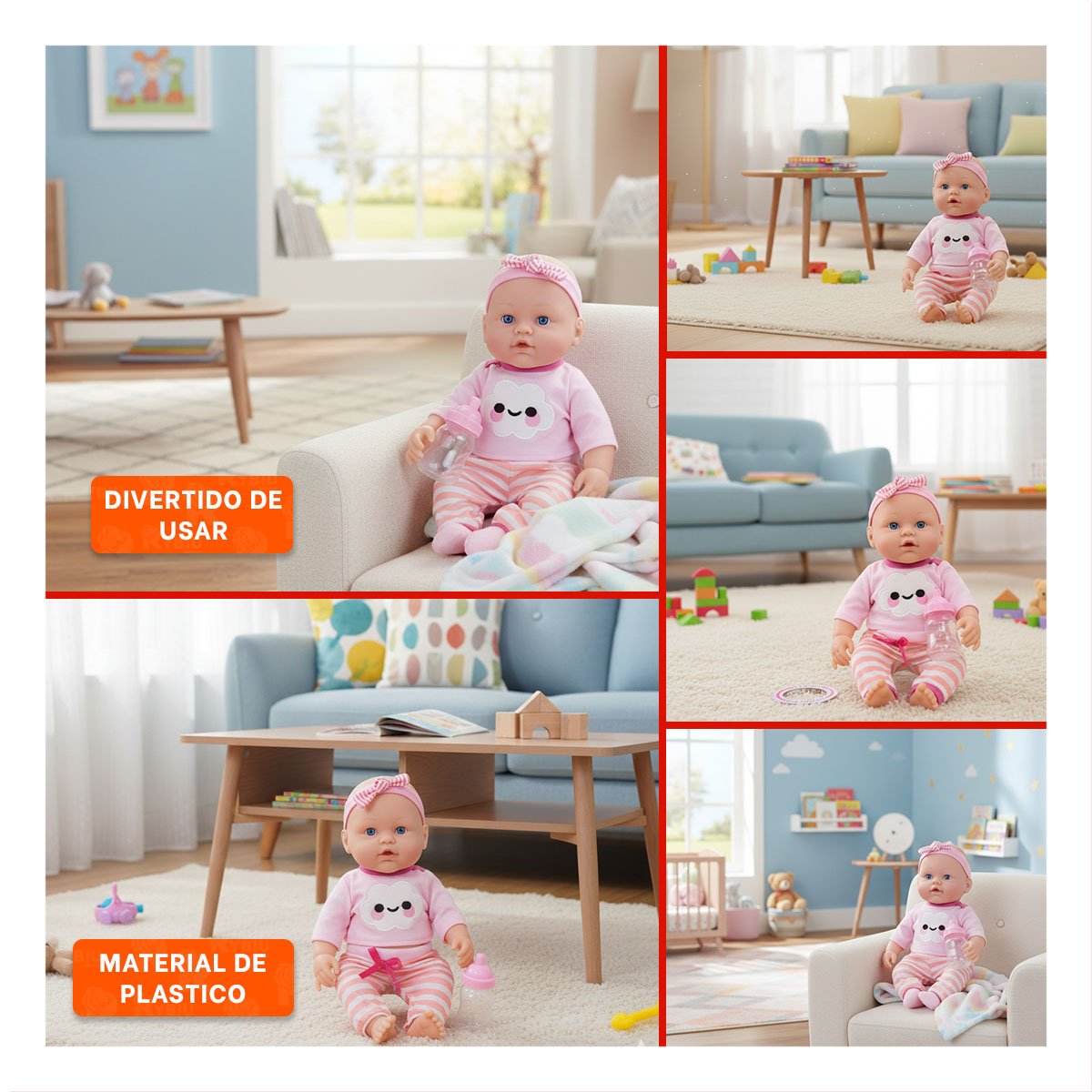 PELUCHA TACTIL ROSADA CON CHOMPA NUBE Y PANTALON RAYAS PARA BEBE CASA - 5