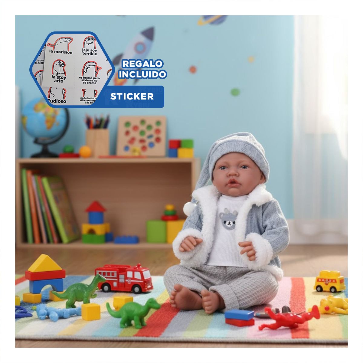 JUGUETE ENFOCADO EN JUEGO DE CUIDADO Y AFECTO CON 42CM EN CELESTE Y+REGALO STICKER - 1
