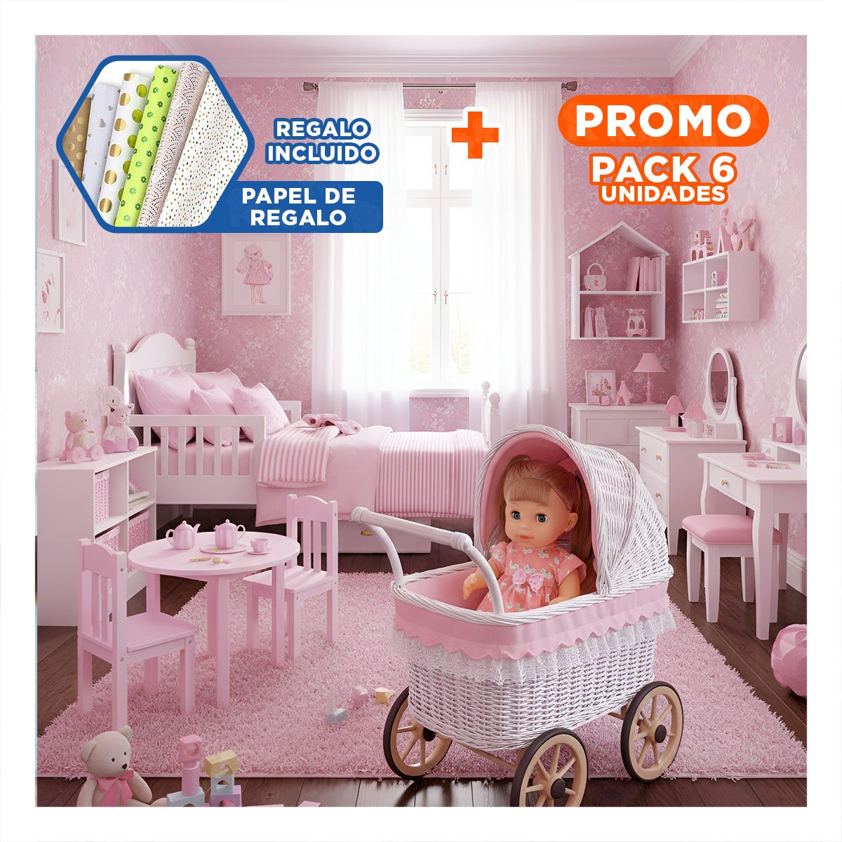 PACK6 FANTASIA ROSADA CON VESTIDO MARIPOSAS BIBERON Y SONAJA DECORACION HOGAR Y+PAPEL REGALO - 1