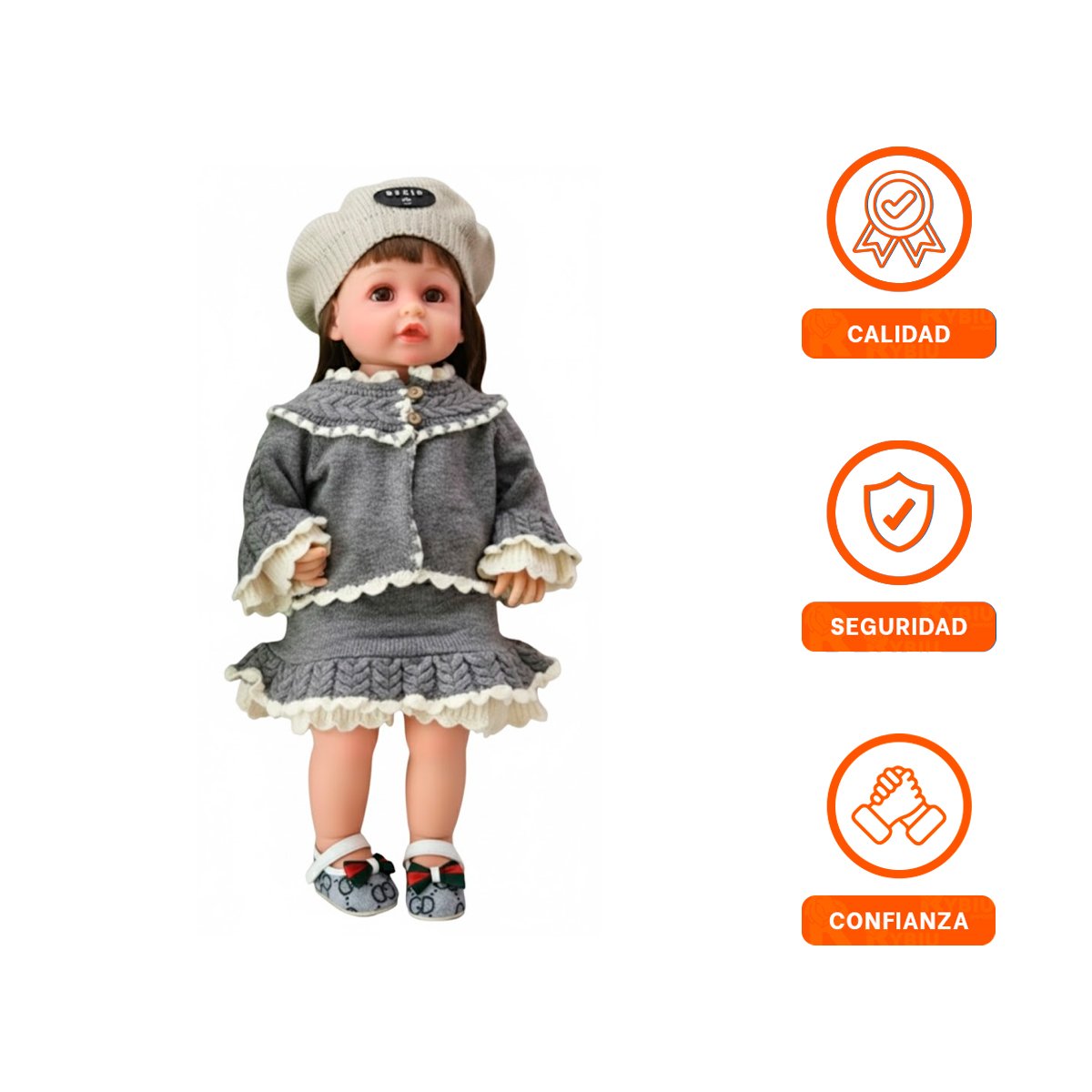 FIGURA YESSY CON CHOMPA Y VESTIDO VOLANTES TEJIDO PLOMO 55CM CON GORRO - 3