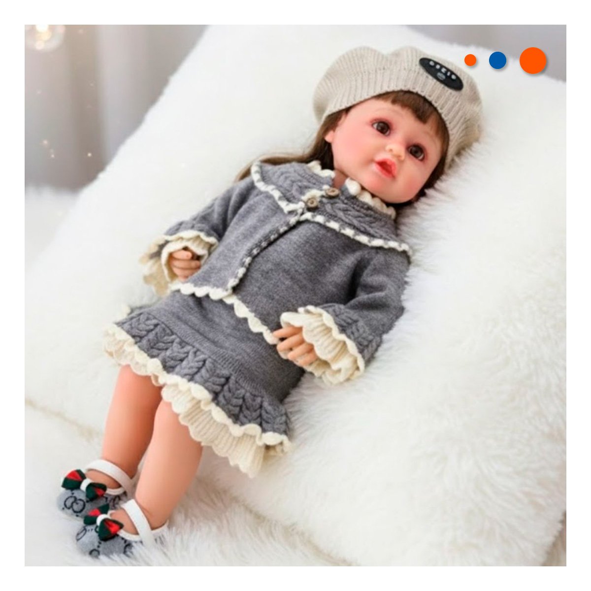 FIGURA YESSY ESTILO CLASICO PLOMO 55CM CON VESTIDO VOLANTES TEJIDO Y GORRO Y+LIGAS REGALO - 1