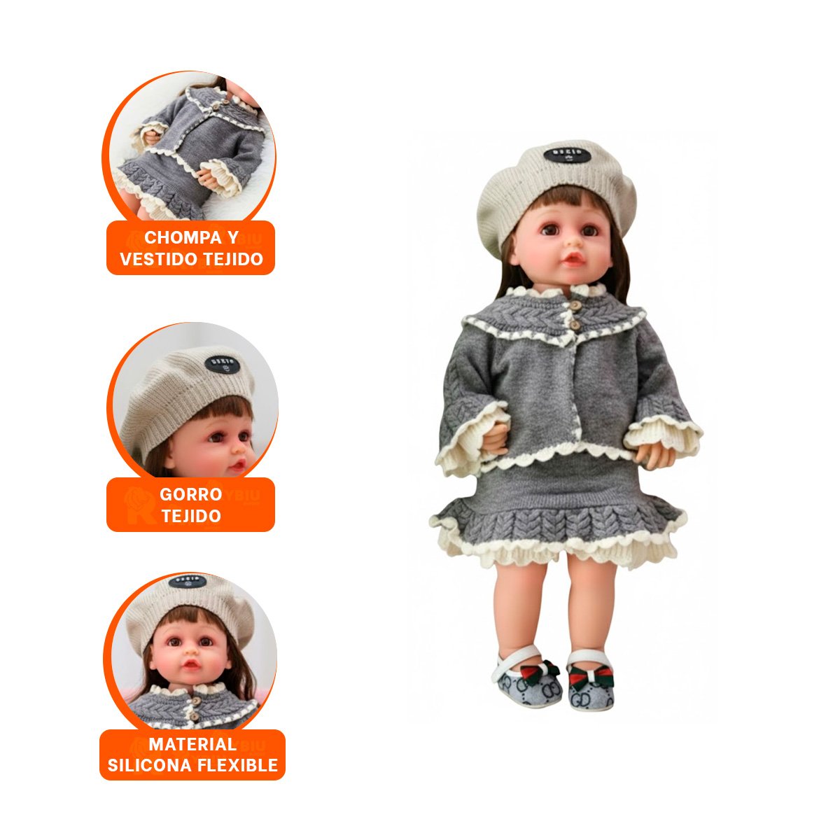 FIGURA YESSY ESTILO CLASICO PLOMO 55CM CON VESTIDO VOLANTES TEJIDO Y GORRO Y+LIGAS REGALO - 3
