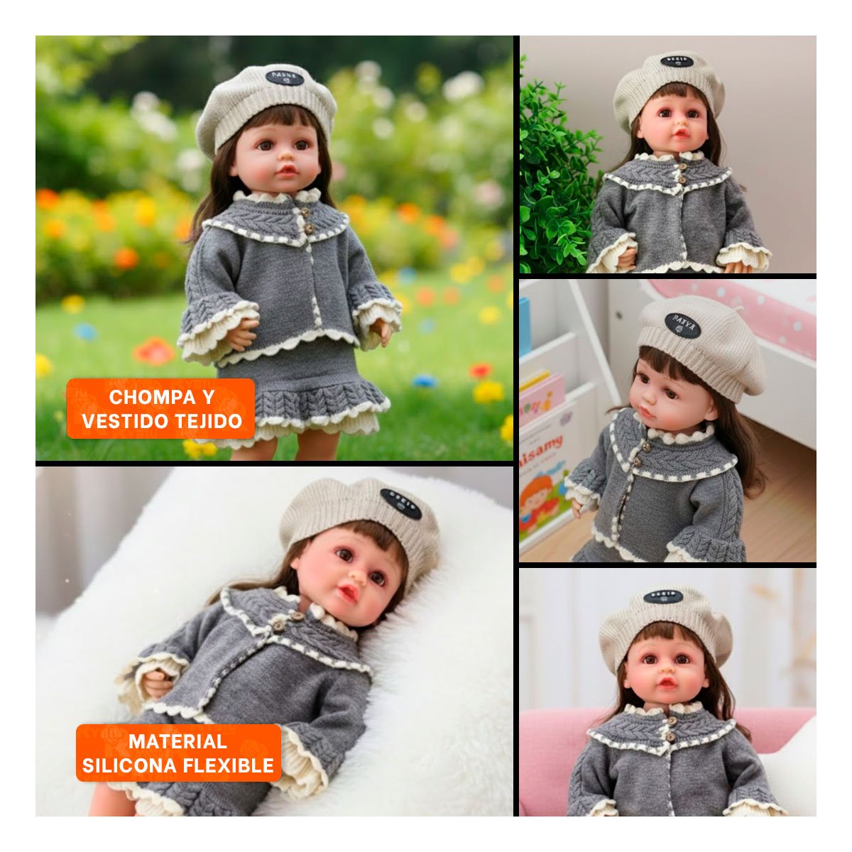 FIGURA YESSY ESTILO CLASICO PLOMO 55CM CON VESTIDO VOLANTES TEJIDO Y GORRO Y+LIGAS REGALO - 5