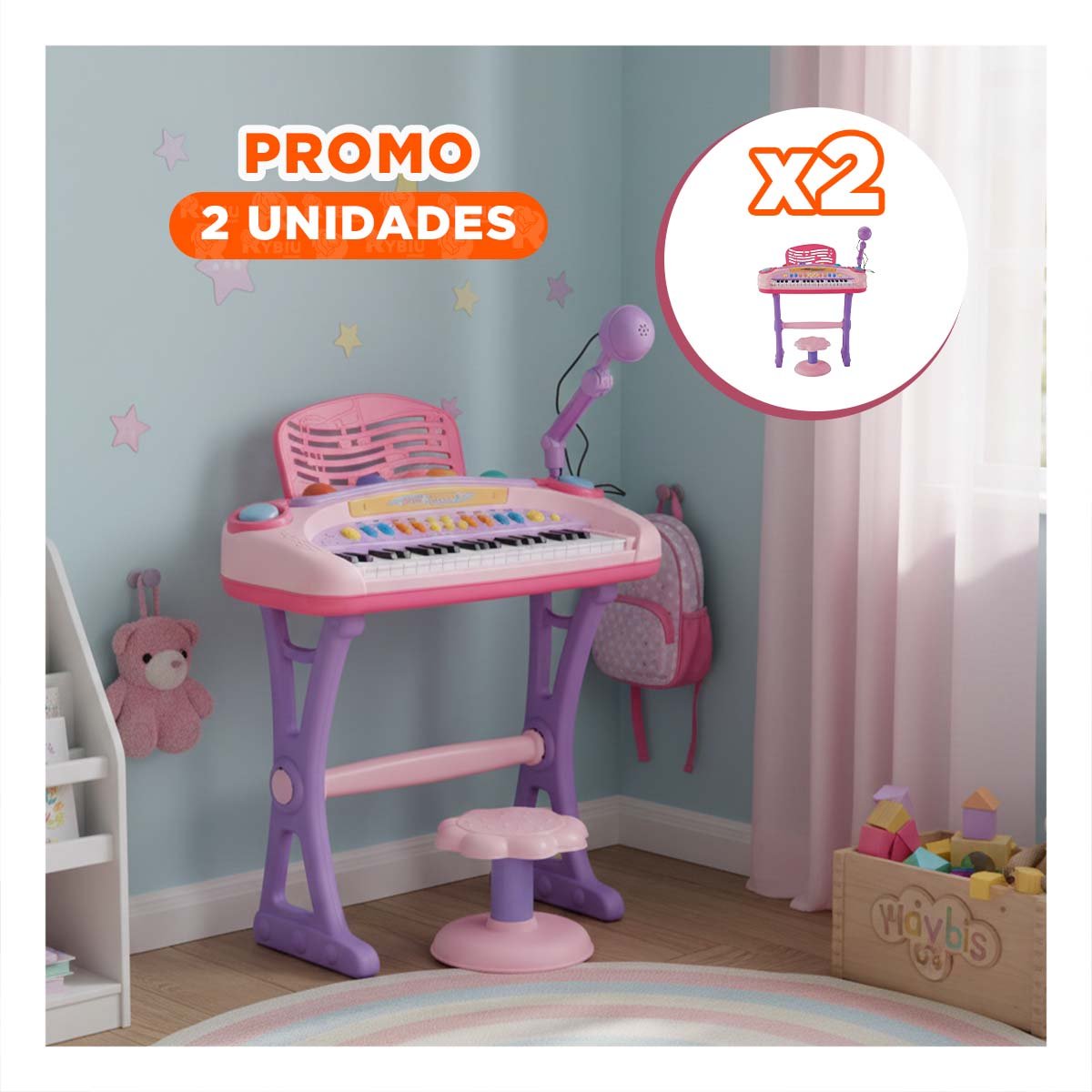 PACK2 VERSION MUSICAL INFANTIL PIANO CON MICROFONO Y SILLA ROSADO JUEGO Y+REGALO STICKER - 1