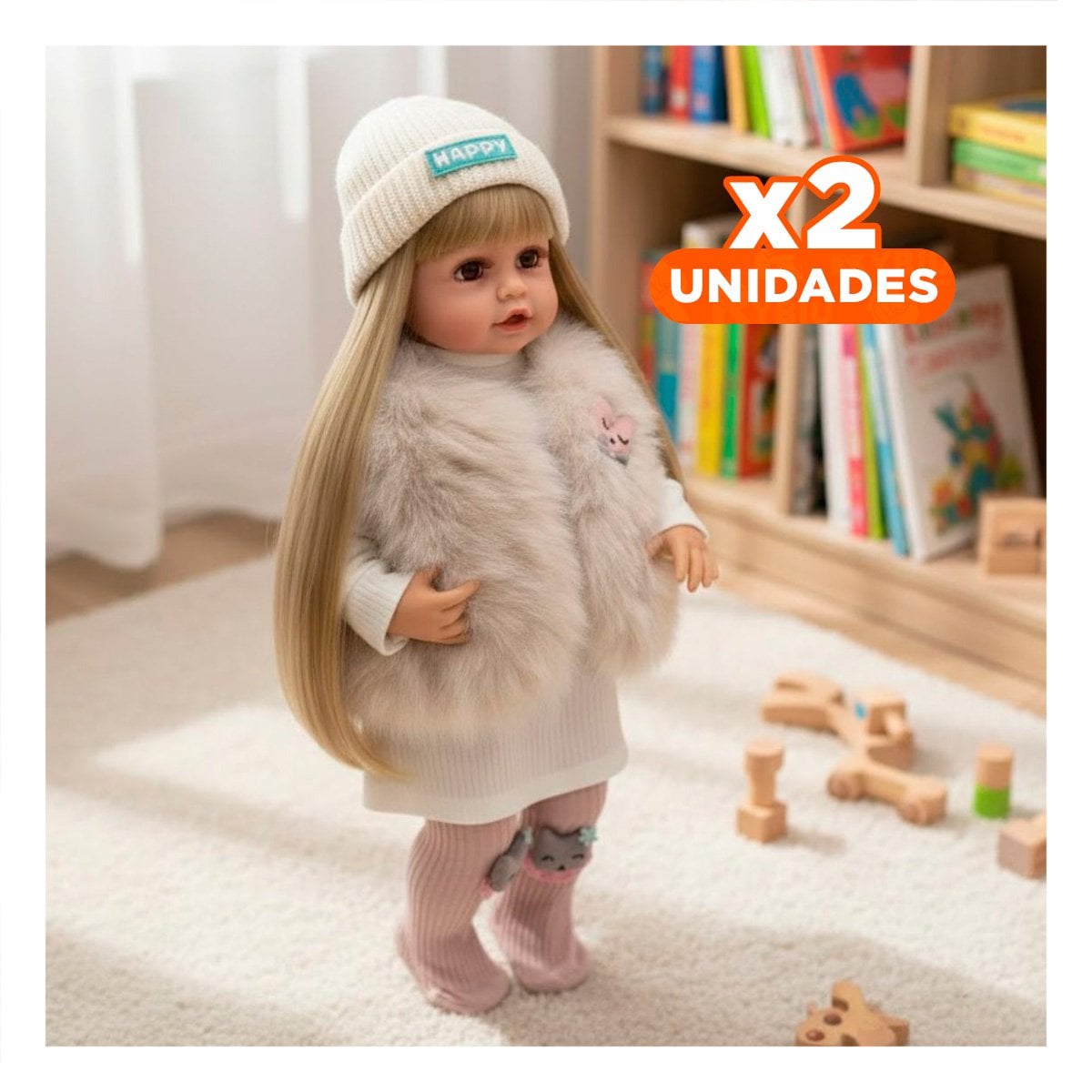 PACK2 NENA YESSY 55CM CON ROPA COMPLETA CHALECO DE PELUCHE Y GORRO Y+REGALO STICKER - 1