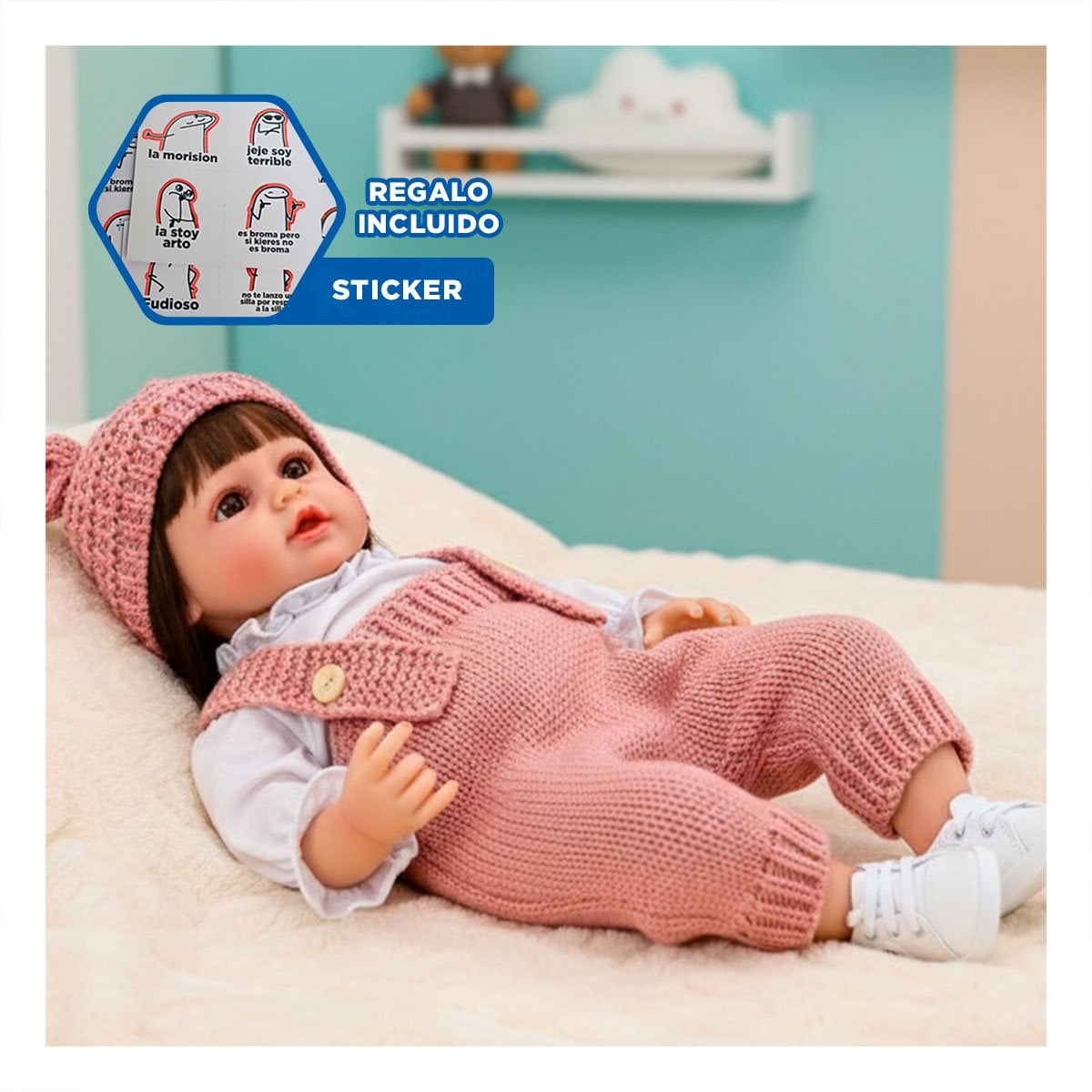 FIGURA YESSY CON ATUENDO TEJIDO Y GORRO OREJITAS ROSADO DE 55CM PARA ABRAZAR Y+REGALO STICKER - 1