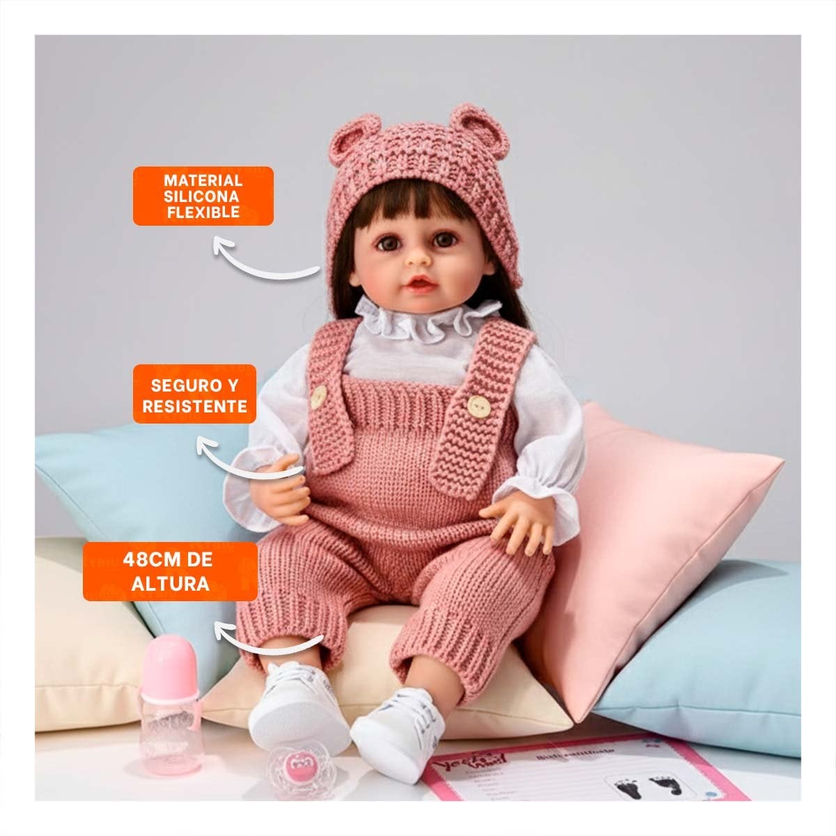 FIGURA YESSY CON ATUENDO TEJIDO Y GORRO OREJITAS ROSADO DE 55CM PARA ABRAZAR Y+REGALO STICKER - 5