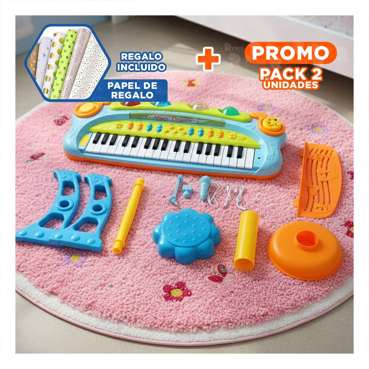 PACK2 OPCION MUSICAL INFANTIL PIANO CON MICROFONO Y SILLA CELESTE APRENDIZAJE Y+PAPEL REGALO - 1