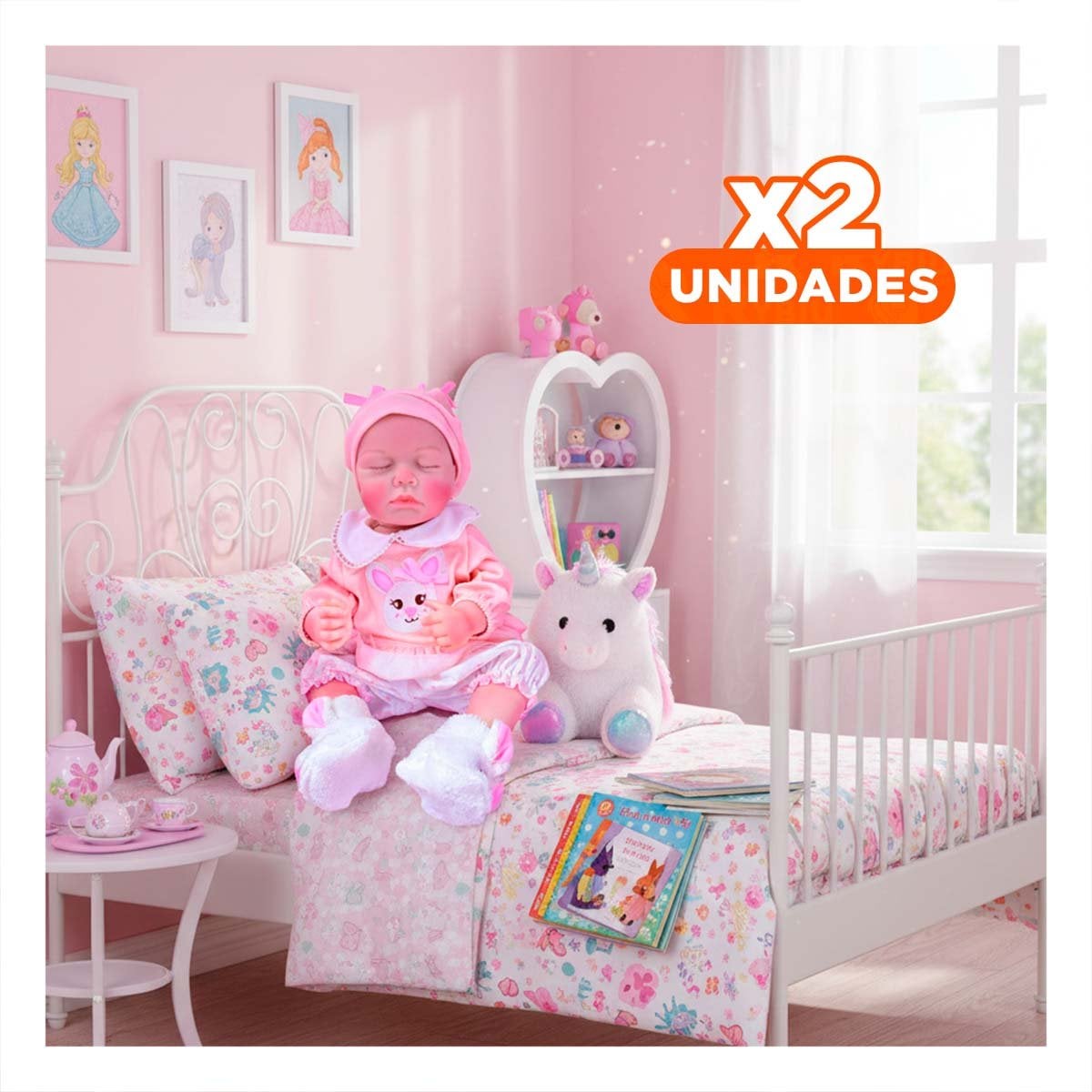 PACK2 INFANTE DE JUGUETE TIPO REAL CON ROPA DE CONEJO DE COLOR ROSADO 50CM Y+REGALO STICKER - 1