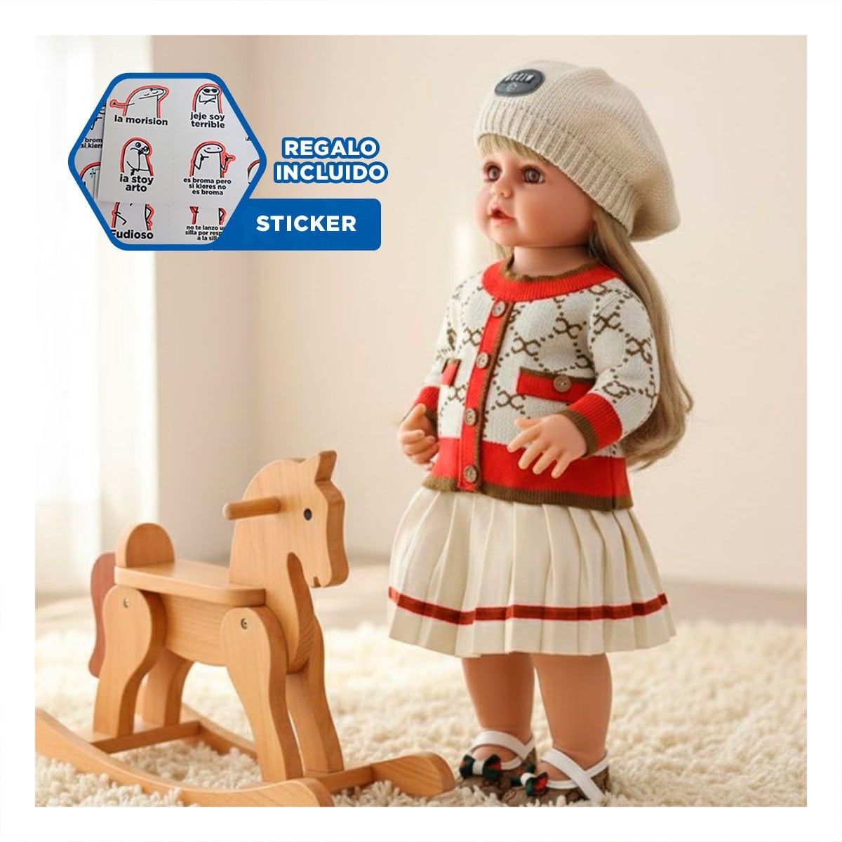 JUGUETE YESSY FALDA PLIZADA BEIGE Y ROJO 55CM CON CHOMPA TEJIDA Y+REGALO STICKER - 1