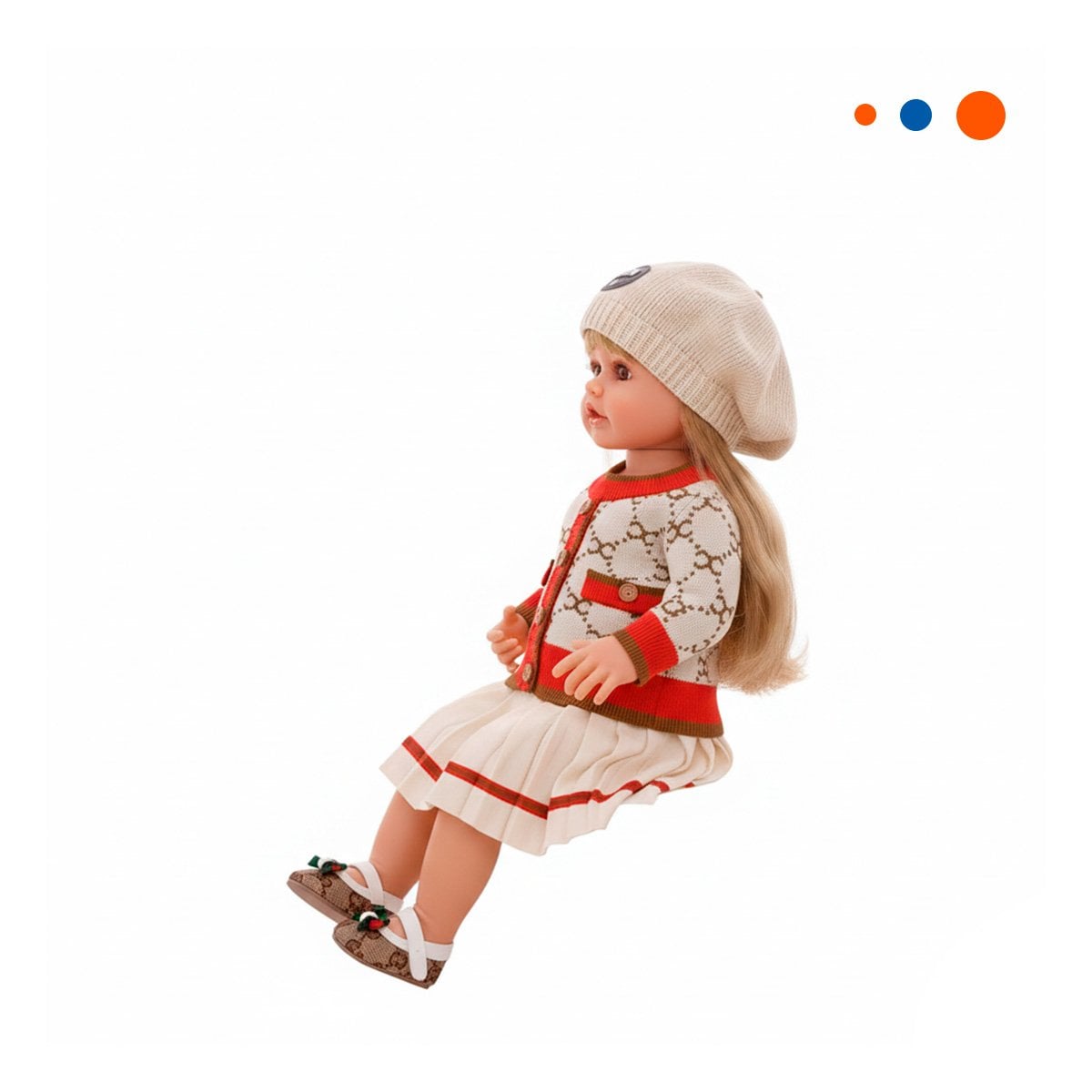 JUGUETE YESSY FALDA PLIZADA BEIGE Y ROJO 55CM CON CHOMPA TEJIDA Y+REGALO STICKER - 3