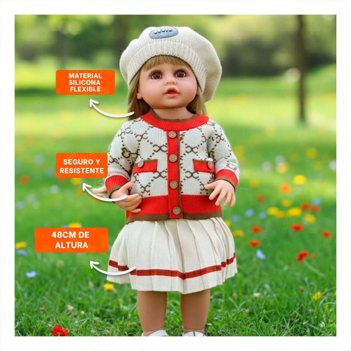 JUGUETE YESSY FALDA PLIZADA BEIGE Y ROJO 55CM CON CHOMPA TEJIDA Y+REGALO STICKER - 5