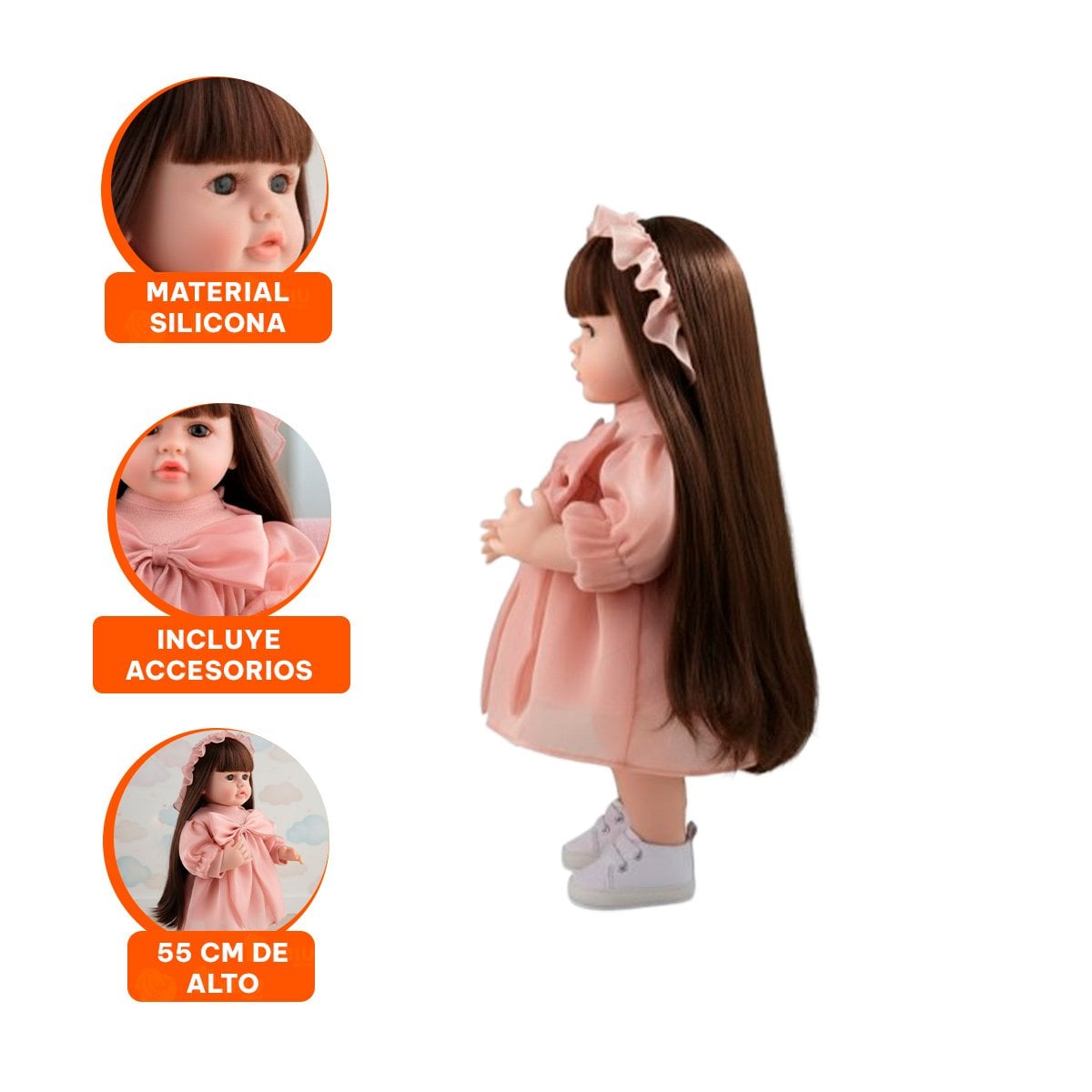 JUGUETE REAL INTELIGENTE TIPO MUNECA VESTIDO LAZO Y GORRO DE TULL ROSADO 55CM - 3