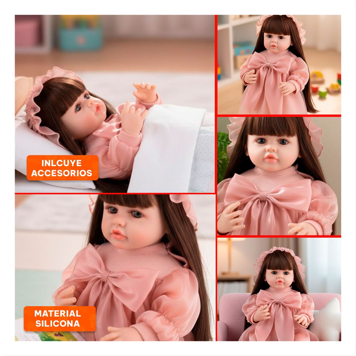 JUGUETE REAL INTELIGENTE TIPO MUNECA VESTIDO LAZO Y GORRO DE TULL ROSADO 55CM - 5