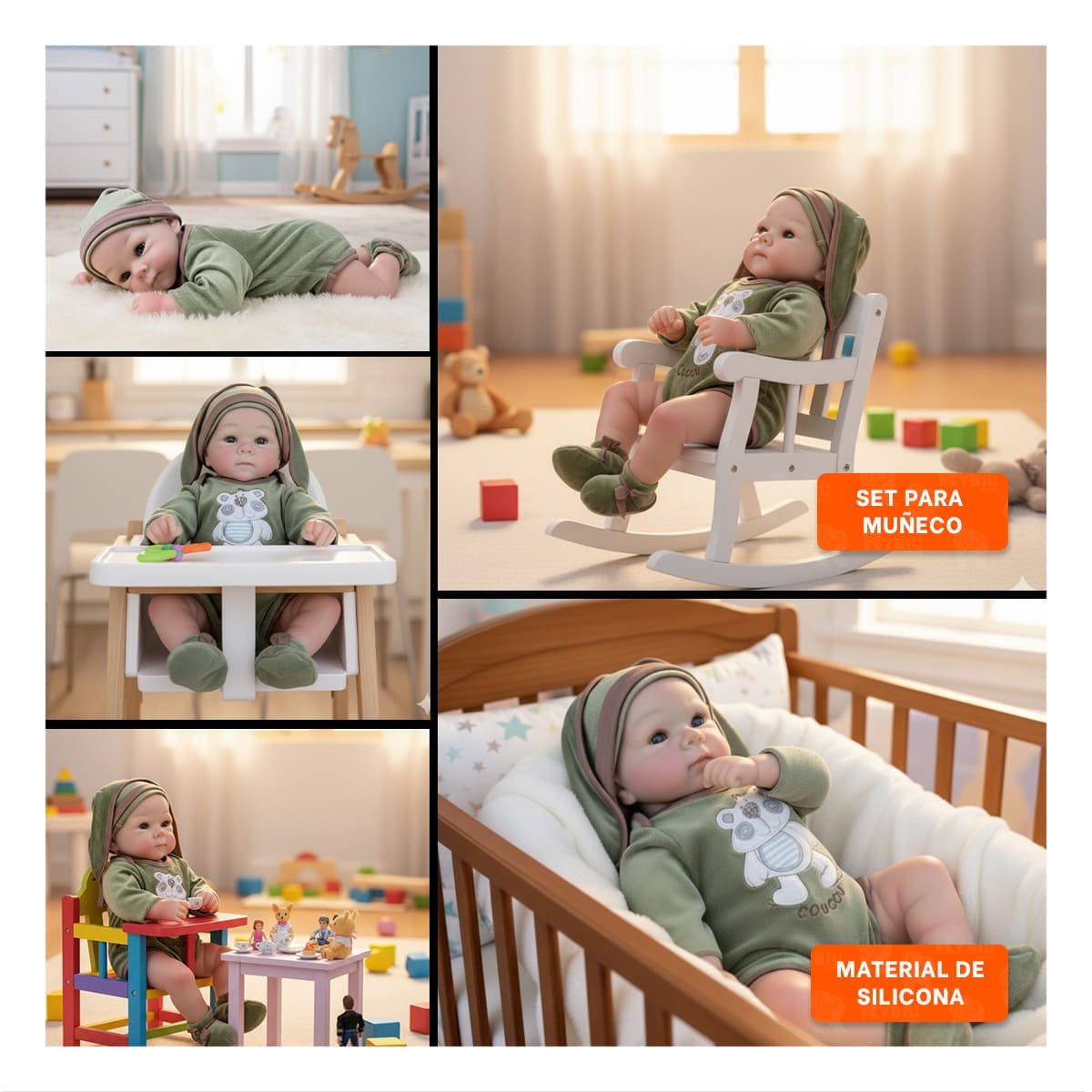 PACK2 BEBE REALISTA CON ROPA OSITO VERDE Y GORRO SUAVE PARA DECORACION Y+PAPEL REGALO - 3
