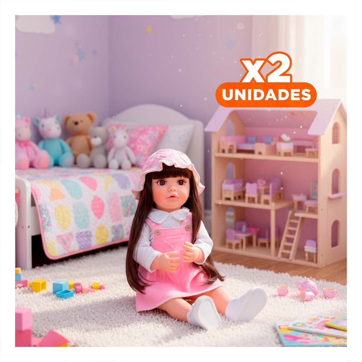PACK2 MODELO DE JUEGO CREATIVO CON SOMBRERO TEJIDO Y OVEROL ROSADO 55CM Y+REGALO STICKER - 1