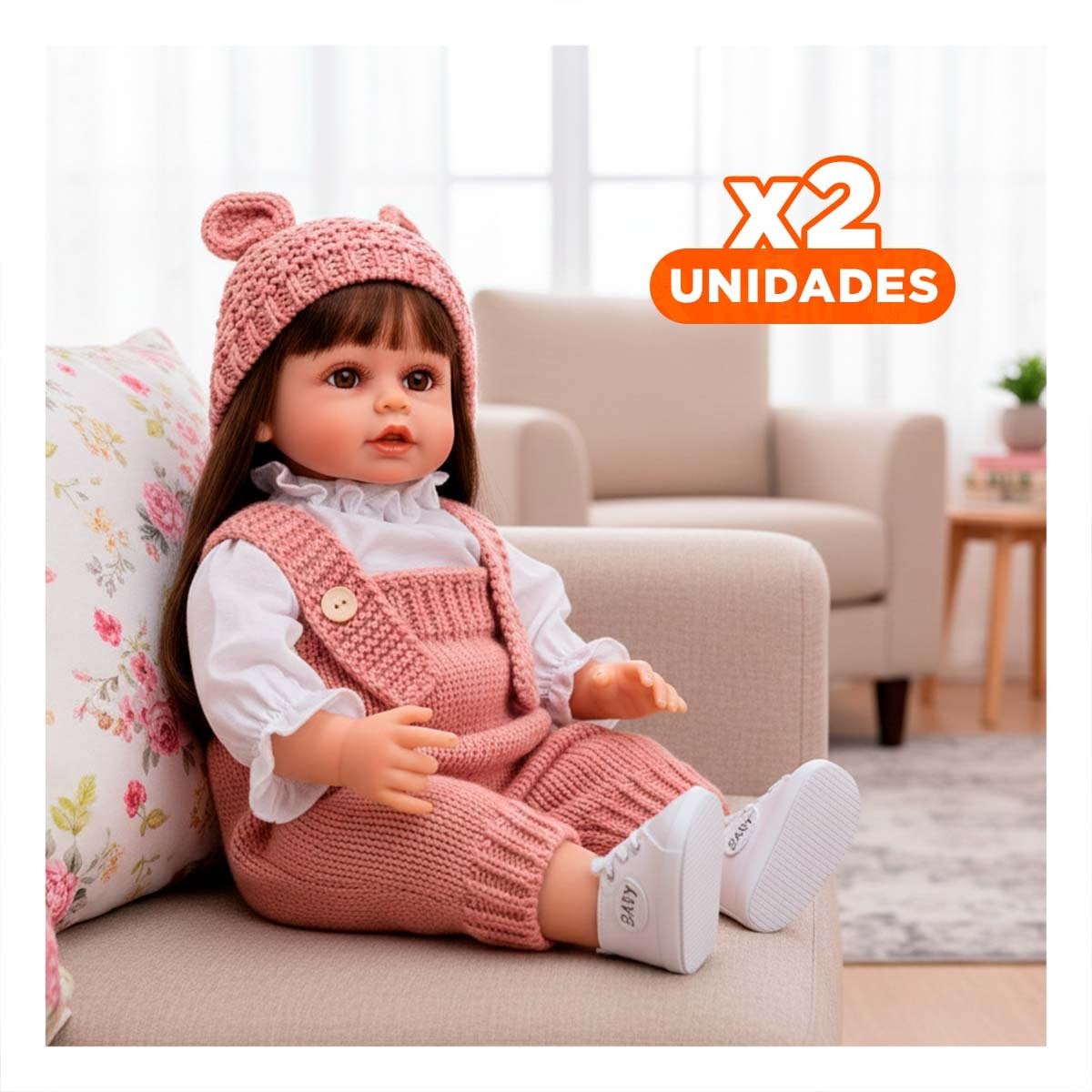 PACK2 JUGUETE YESSY CON OVEROL TEJIDO Y GORRO OREJITAS ROSADO 55CM TACTO SUAVE Y+REGALO STICKER - 1