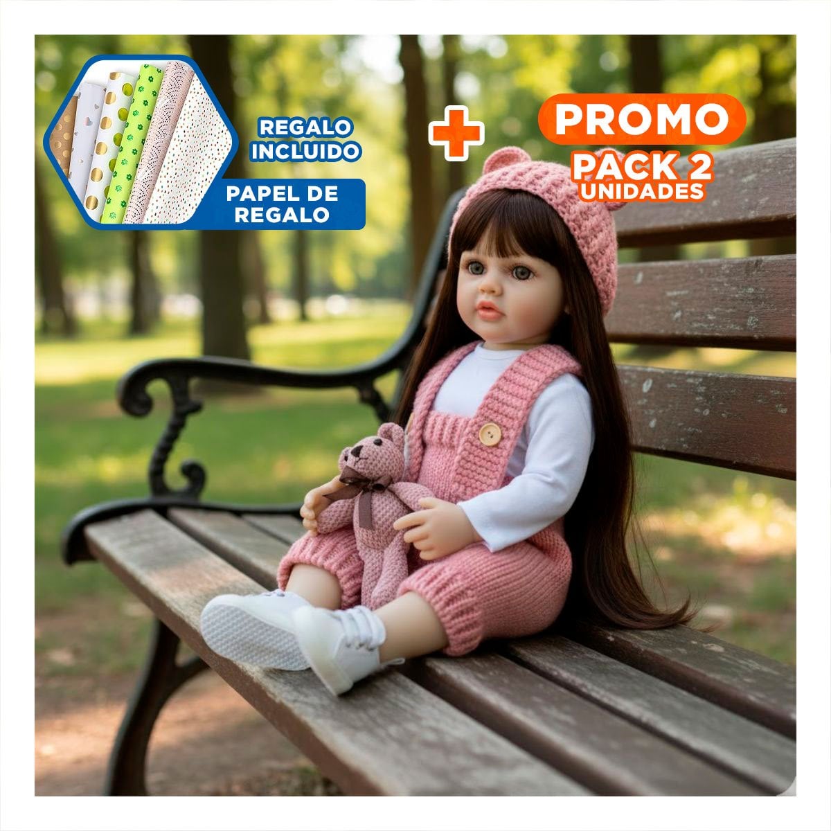 PACK2 MODELO MUÑECA CON OVEROL TEJIDO Y GORRO OREJITAS EN 55CM ROSADO Y+PAPEL REGALO - 1